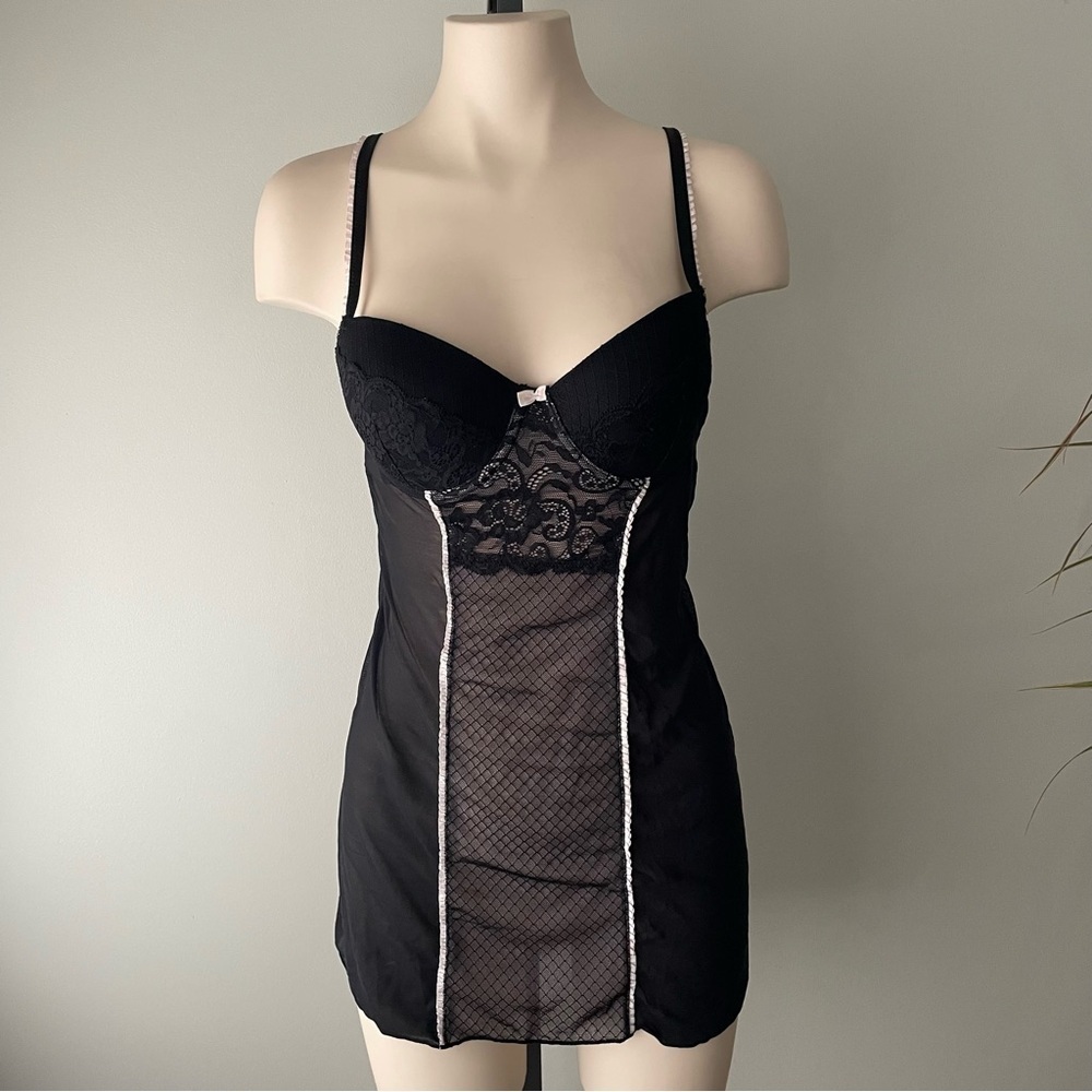 Essentials By A.B.S Lace Mesh Chemise Babydoll Slip Lingerie Black Size Medium